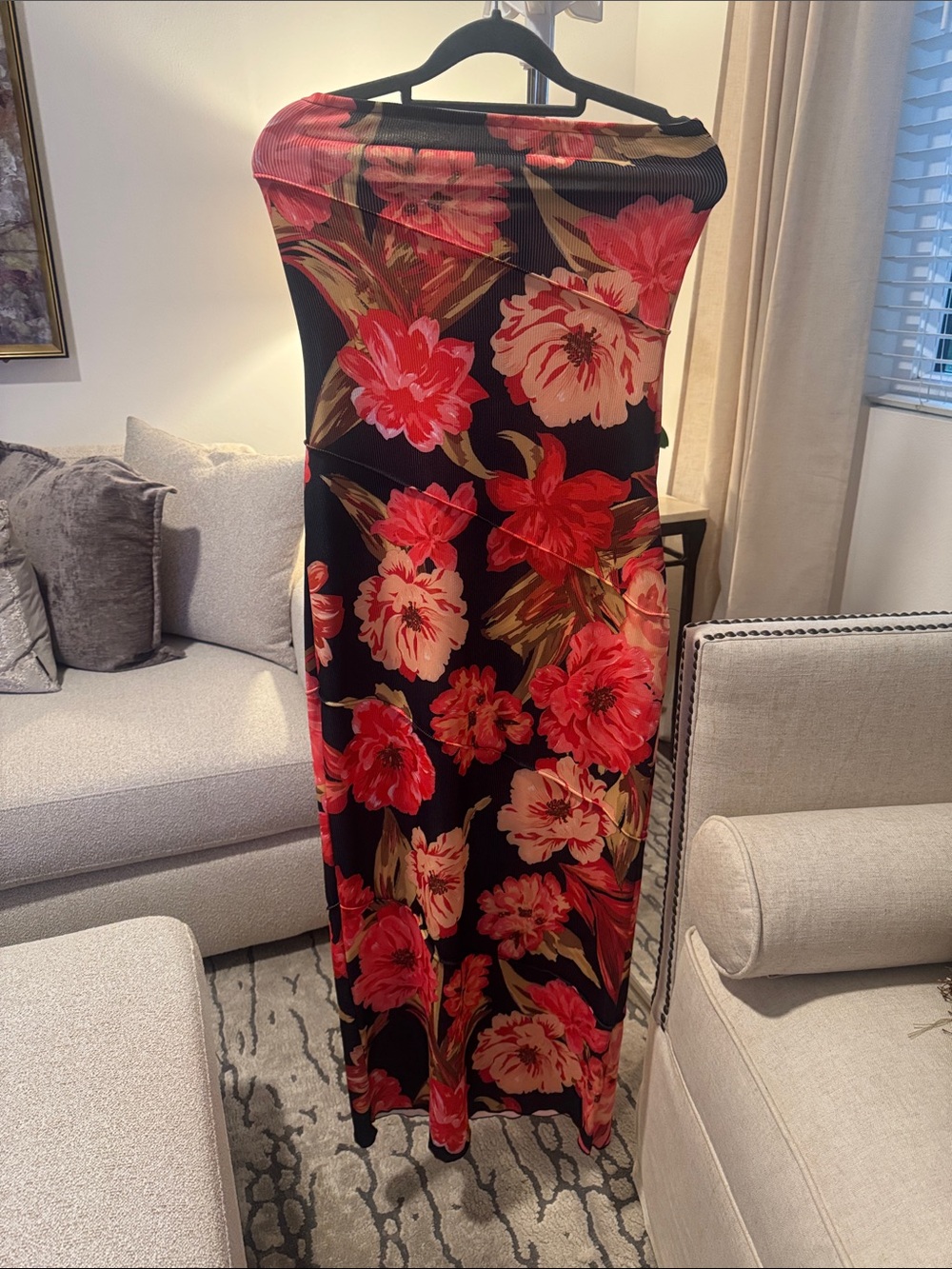 Strapless Black Dress with Red Floral Print